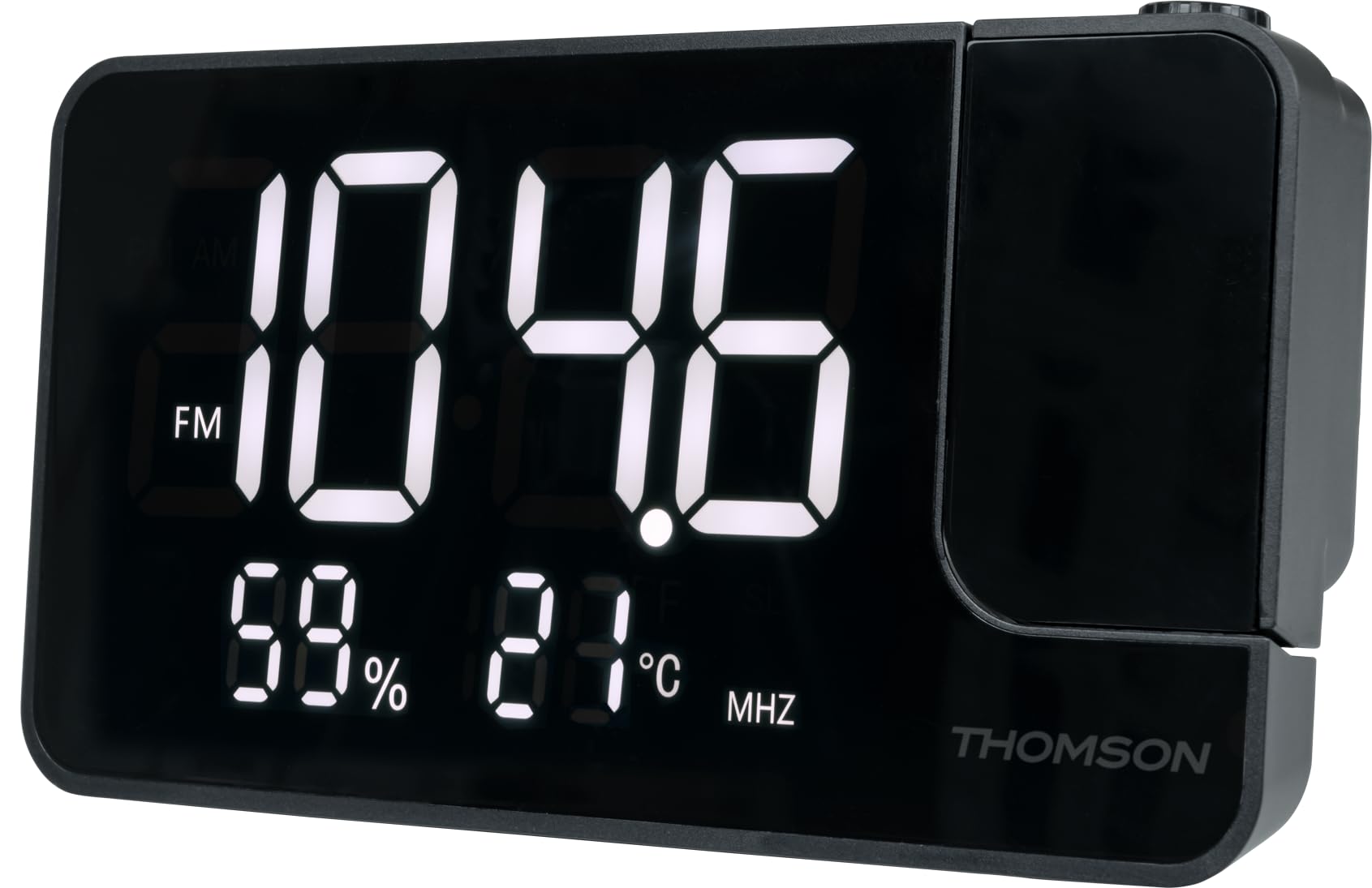 Radio-Réveil avec projection CP100T THOMSON , Indicateur temperature et humidité 20stations Fm mémorisables , sauvegarde de l'heure sur batterie