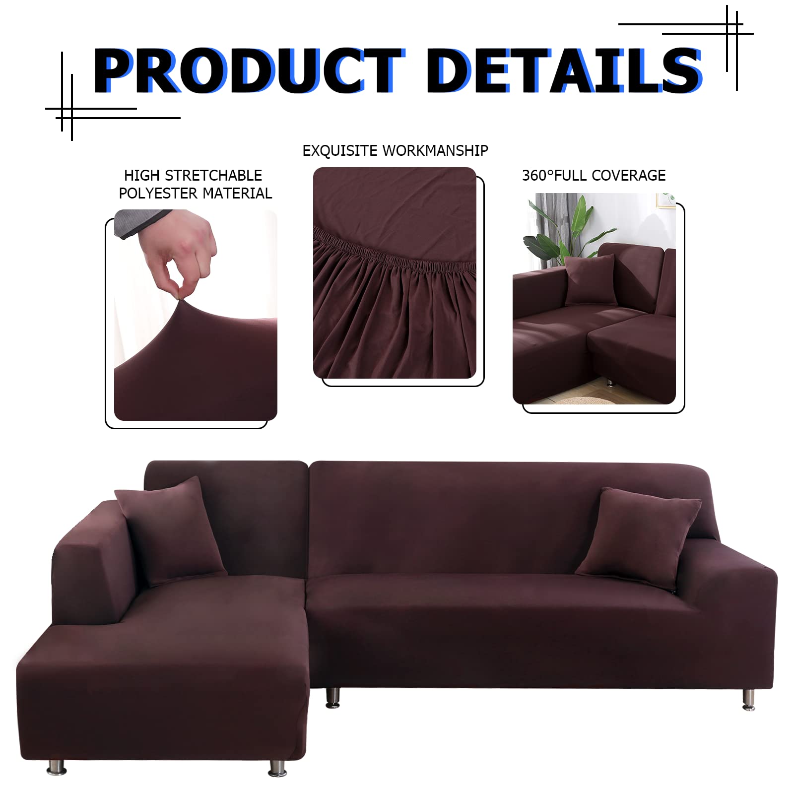 Lydevo Copridivano con Penisola Elasticizzato,Copridivano Angolare a Sinistra/Destra Universale con 2 Federi,Fodere Divano Penisola Forma di L,Chaise Longue Sofa Cover(3 Posti+4 Posti,Caffè)