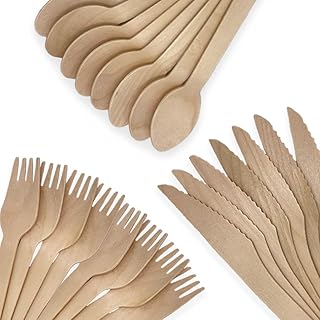 PakoVert Disposable - 300 Utensils - Wooden Cutlery Set 100 Eco-Friendly Forks, 100 Spoons and 100 Knifes Sturdy Disposable Cutlery Compostable and Natural Flatware, Utensils Made of 100% Birch Wood