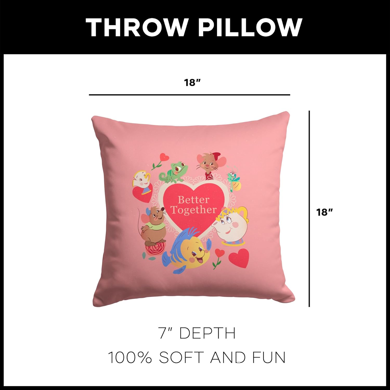 Northwest Disney Sidekicks Throw Pillow, Flounder, Jaq, Gus, Lumière & Chip, Soft Decorative Cushion for Room or Couch, 18 x 18 Inches