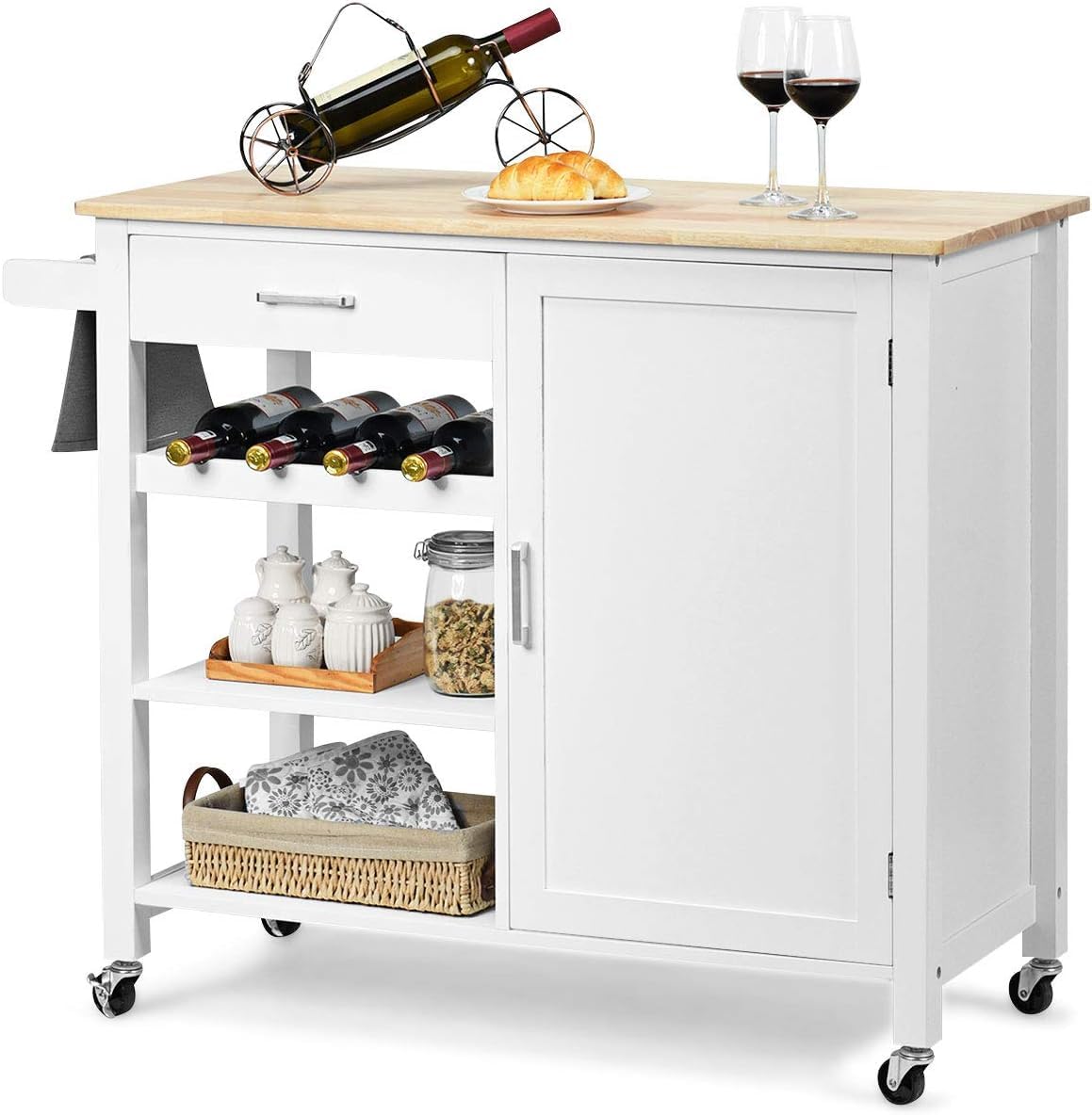 FANTASK Carrito de Cocina de Madera con Ruedas, Estante para Vino y toallero, Isla de Cocina con cajones, Carrito de Servicio con encimera, Color Blanco