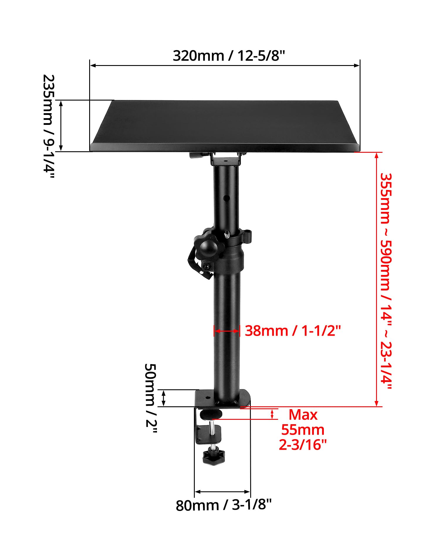 QWORK® Stojak na biurko głośnikowy, kąt nachylenia +/-15°, regulowana wysokość 35-59 cm, nośność 30 kg, czarny