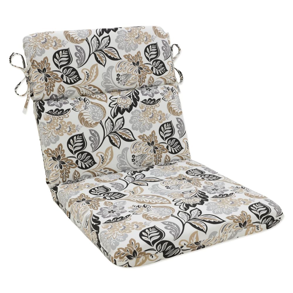Pillow Perfect Floral Indoor/Outdoor 1 Piece Split Back Round Corner Chair Seat Cushion with Ties, Deep Seat, Weather, and Fade Resistant, 40.5" x 21", Black/Tan Dailey, 1 Count