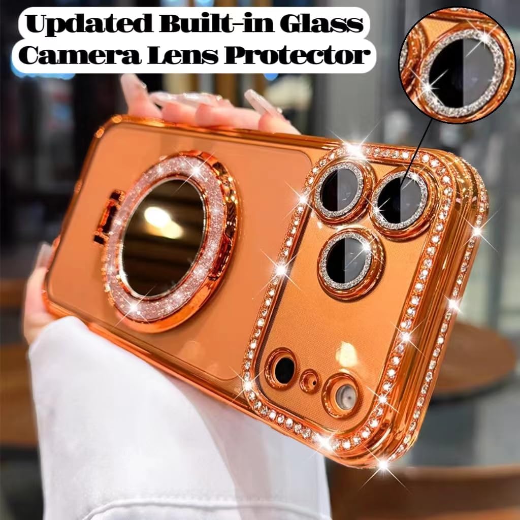 for iPhone 17 Pro Max Case Clear Glitter Magnetic Stand, Orange, Compatible with Magsafe, Cute Makeup Mirror Camera Lens Protector Bling Sparkly Diamond Women Girls Plating Cover Case for 17 Pro Max image 2