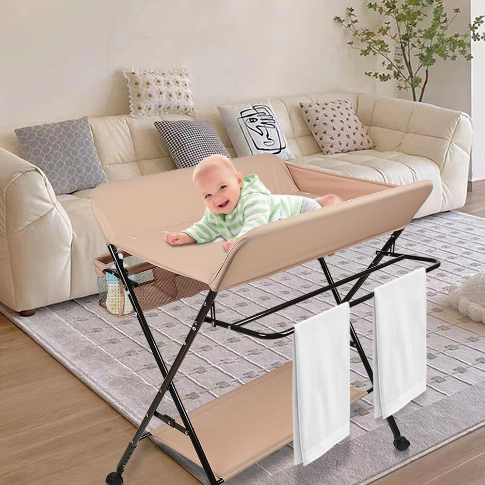 Cambiador Plegable para Niños, Cambiador bebe Plegable con cinturón de seguridad y compartimentos de almacenamiento (Rosa claro)