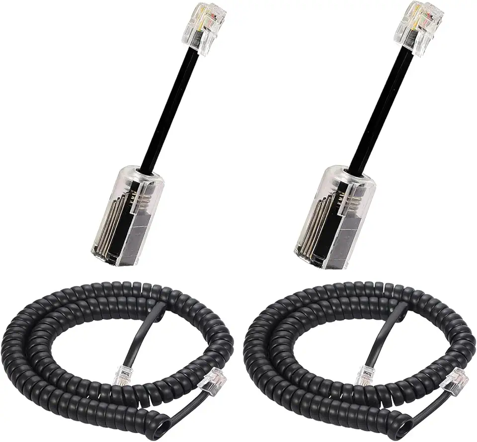 Cabo para Fone de Ouvido de Telefone Fixo, 2,4 M (Desdobrado) / 0,4 M (Espiral), Acessório para Telefone 4P4C, Preto (Pacote com 2 + 2)