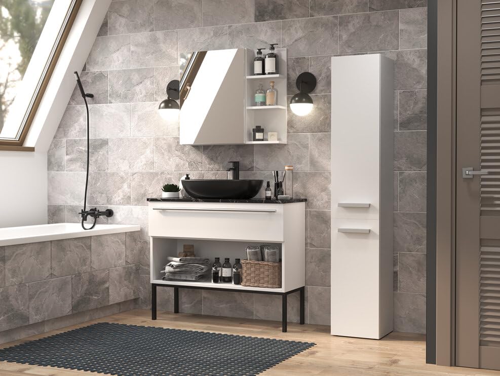 BDW - Armadio da bagno scorrevole - Armadio da bagno alto con cesto portabiancheria 174 x 31 x 30 cm - Lato di apertura della porta selezionabile - Bianco