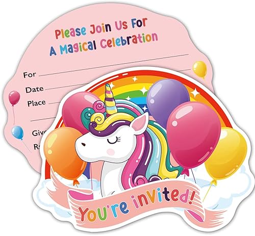 ZBBFSCSB Paquete de 15 invitaciones de relleno con forma de unicornio arcoíris con sobres invitaciones de fiesta de cumpleaños de unicornio para