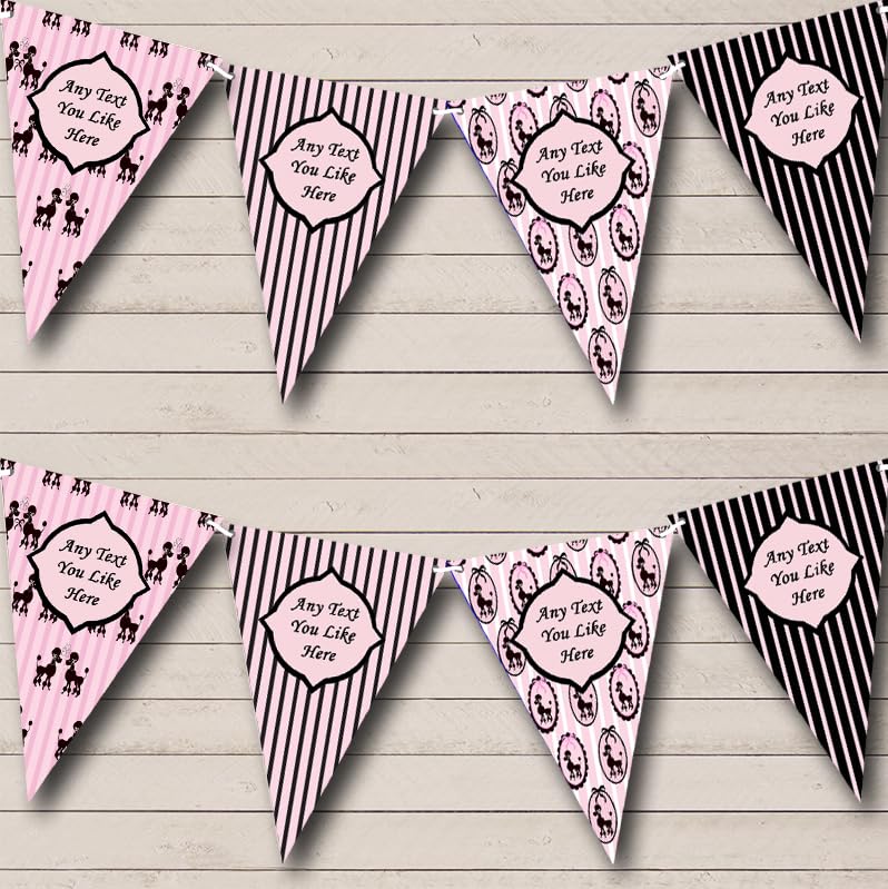 Fingerprint Designs Paris Poodle Stripes Black Pink French Personalised Birthday Party Bunting - Hanging Party Decoration - Birthday Party Banner Garland | Decorative Party Supplies — image 1