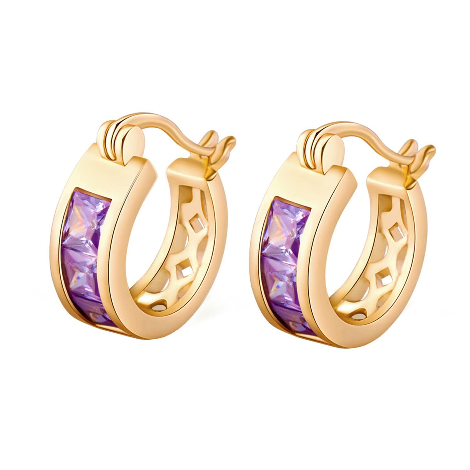 AMDXD Pendientes de mujer de oro 585, clásicos pendientes de aro con amatista lila, corte cuadrado, oro amarillo de 14 quilates, pendientes para mujer, pequeños y auténticos