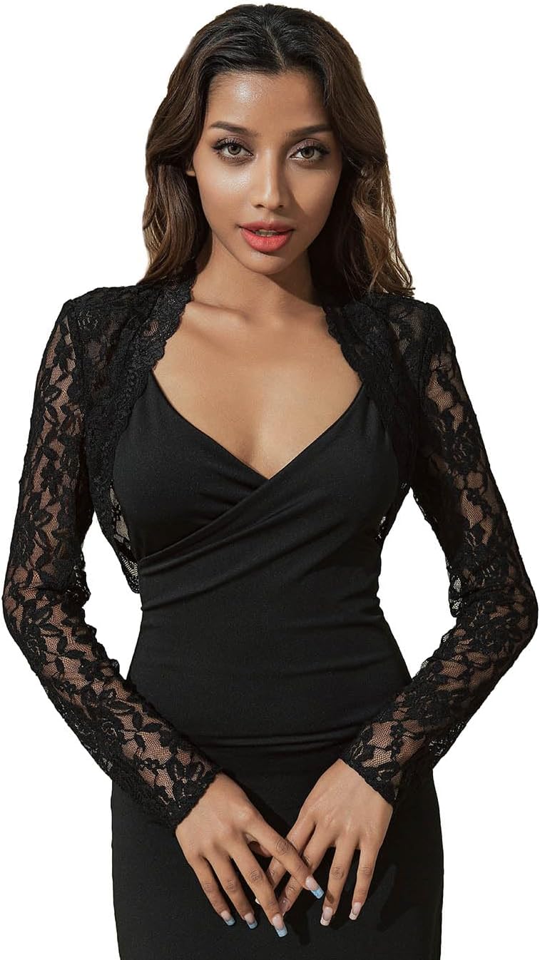 Unicra Women Lace Bolero Shrug for Dresses Elegant Floral Lace Shrug Top Open Front Sheer Long Sleeve Cropped Cardigan