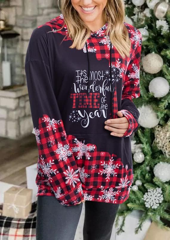 TAOHONG Merry Christmas Sweartshirt for Women Xmas Buffalo Plaid Tree Tops Color Block Snowflake Print Long Sleeve Shirt - Image 3