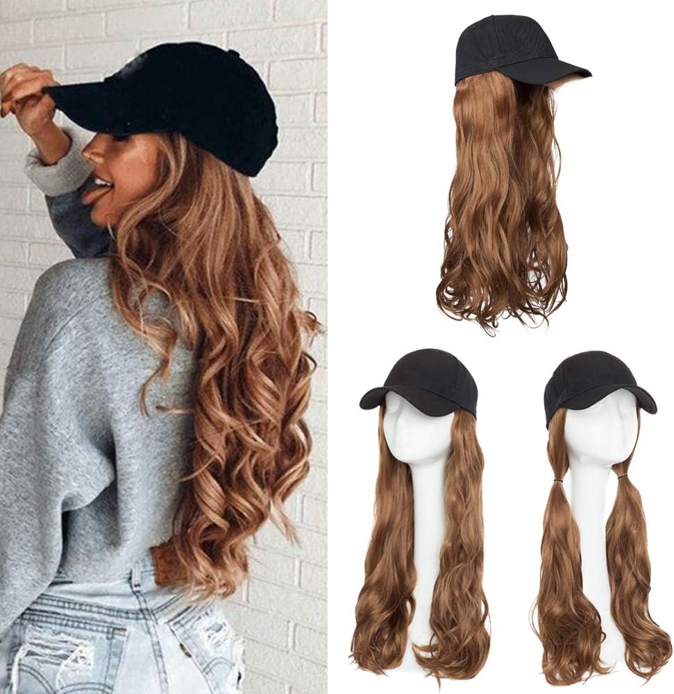 S-noilite Hat Hair Extension Baseball Cap With Hair Curly Long Wavy Corn Wave Hairpiece With Baseball Hat Attached Adjustable Cap Synthetic Yaki Hair for girls and women (16”-Curly, Light Brown)