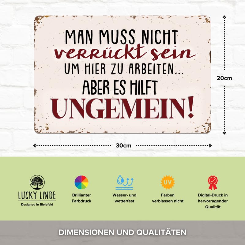 30 x 20 cm Blechschild, lustiger Spruch, Büroschild, Deko Geschenk: Man muss nicht verrückt sein um hier zu arbeiten... aber es hilft ungemein!