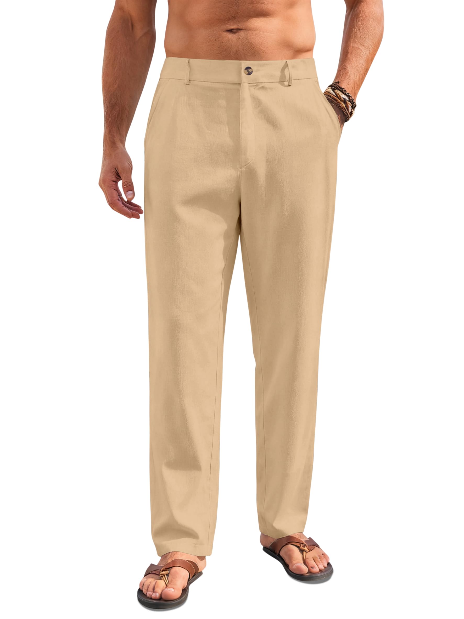 Mens Linen Pants Lightweight Casual Pants Straight-Legs Loose Fit Summer Beach Yoga Trousers with Pockets