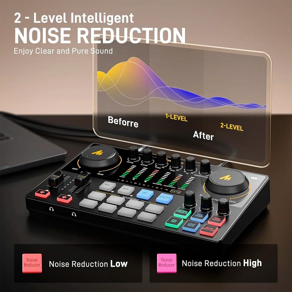 Interfaz de audio para mezclador de podcast MAONO E2 Gen2, negra | Doble entrada XLR, alimentación fantasma de 48 V, USB-C, Bluetooth, efectos de voz