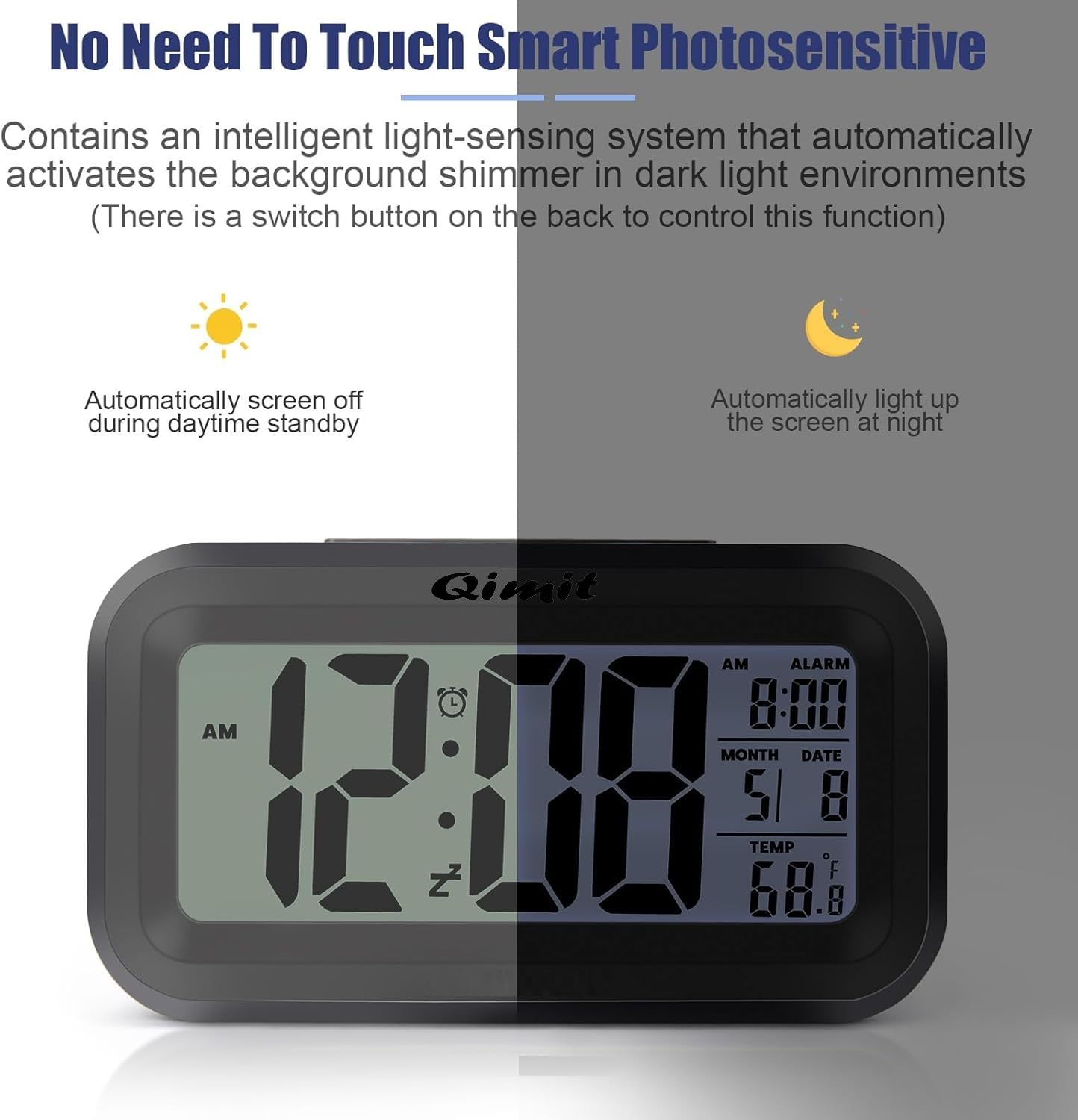 QIMIT Digital Alarm Clock Table Clock for Students, Home, Office, Corporate with Automatic Sensor, Date & Temperature-Black,Plastic, 14W x 8H Centimeters (Black) 4