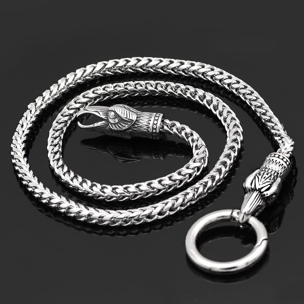 Nordische Mythologie Edelstahl Doppel Rabenköpfe Halskette, Runder Schnallenring, Thors Hammer Anhänger, Dicke Kette, Wikinger Mjolnir Amulette, Retro Skandinavischer Schmuck