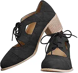 Sapatos Oxford femininos de salto grosso, couro brogue, com cadarço, vintage, botas de cano curto, Preto, 37