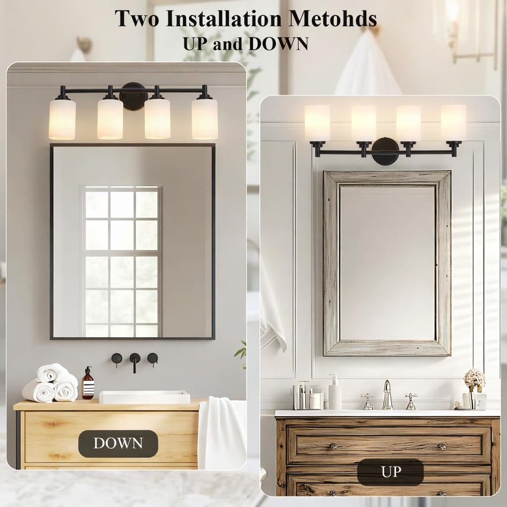 4-Light Bathroom Light Fixtures,Matte Black Bathroom Vanity Light Over Mirror with Cream White Glass Shade,Modern Farmhouse Wall Sconces Lighting for Bedroom Cabinet Kitchen Living Room