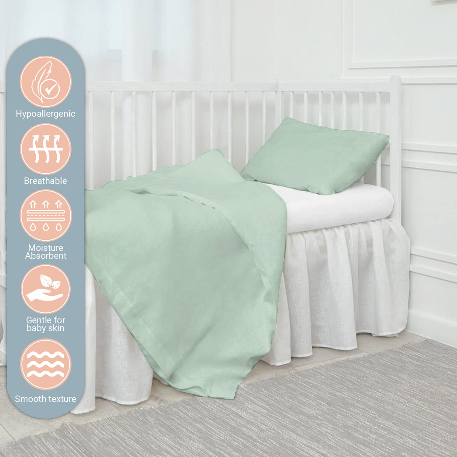 Pizuna 100% Cotton Crib Duvet Cover Sea Foam, 400 Thread Count Long Staple Cotton Duvet Cover 100x135 cm - Image 2