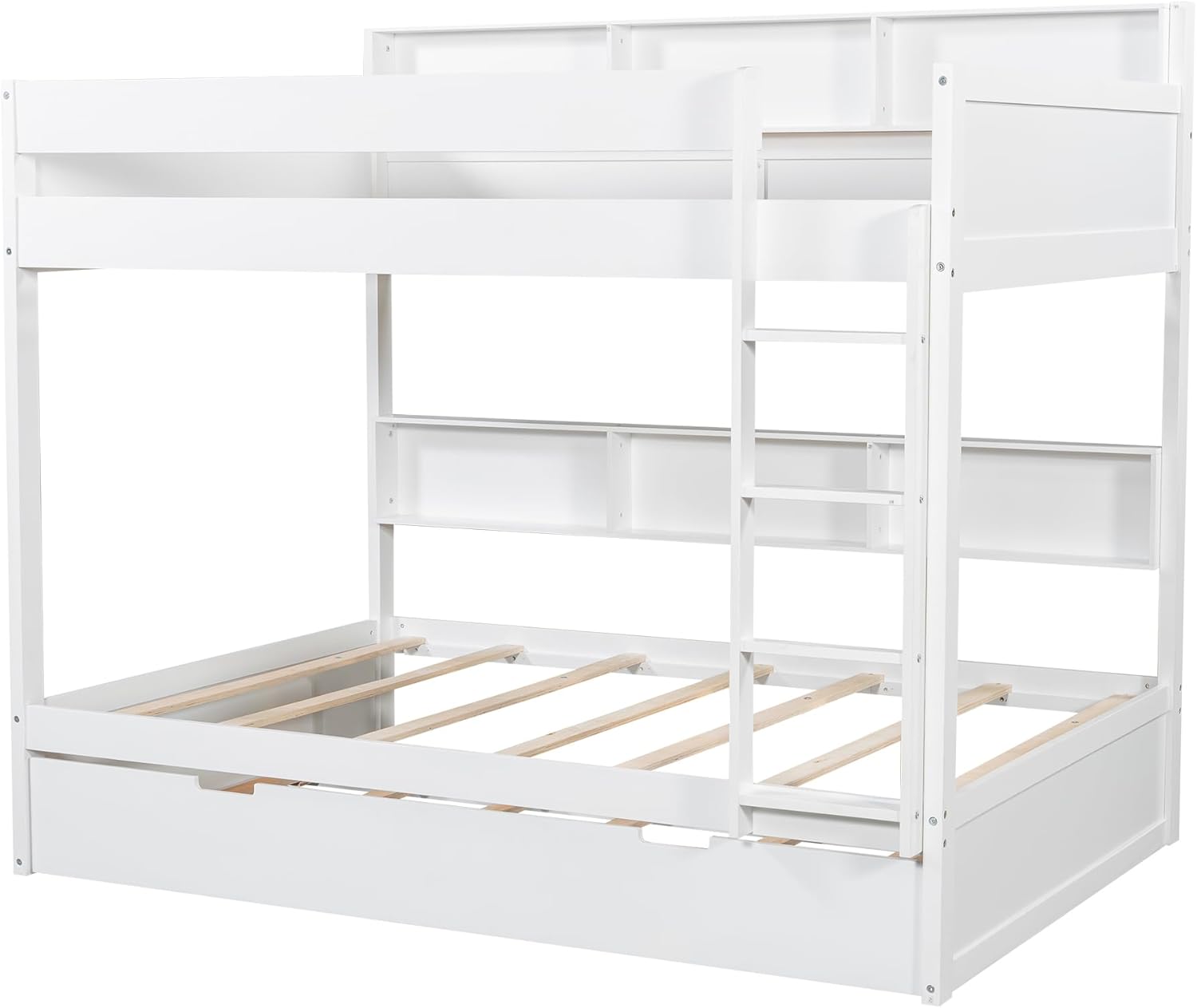 Twin Over Twin Bunk Bed with Trundle & Storage Shelves,Solid Wood Twin Size Bunk Bed Frame with Full-Length Safety Guardrails & Ladder for Kids Teens Bedroom Guest Room,No Box Spring Needed,White