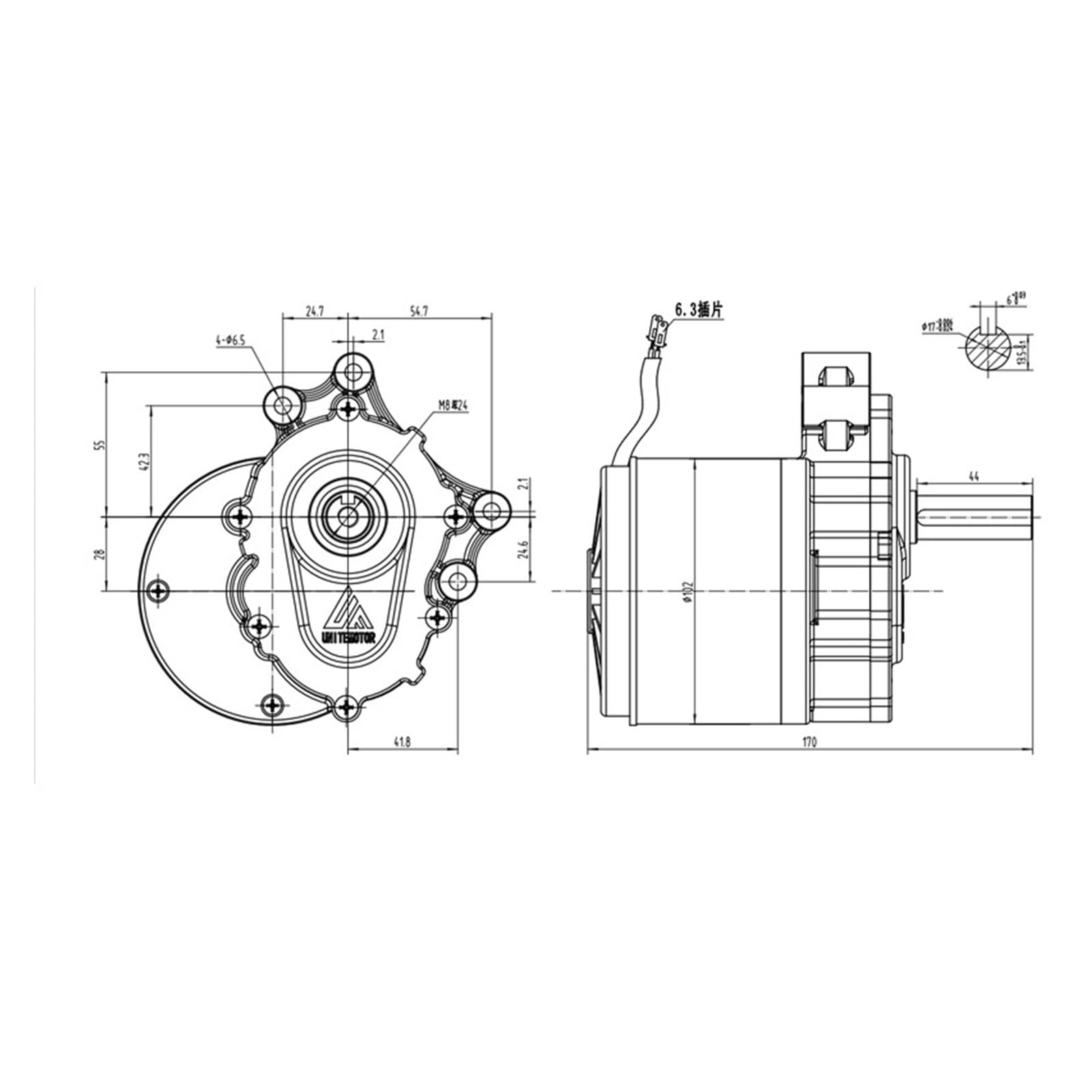 bürstetes Gleichstromtriebe, bürstenbehafteter triebemotor mit niedrir Drehzahl for Elektroräder, 250 W, 24 V, 75 U/min/120 U/min, 44 mm lang, 17 mm Durchmesser, Robust und stabil(120rpm)