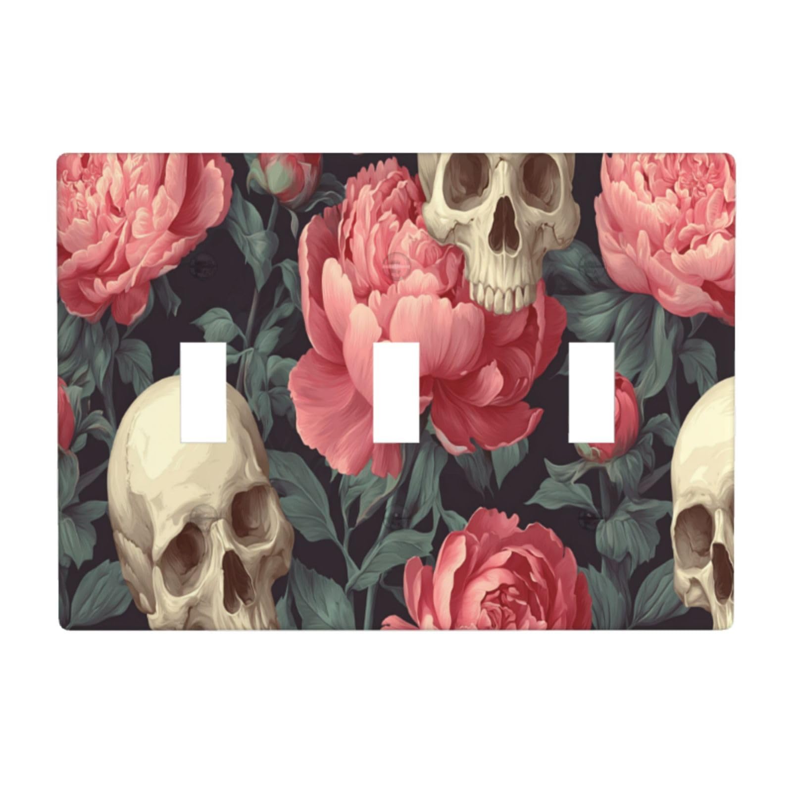 Skulls and Peonies Vintage Gothic Light Switch Covers 3 Gang Triple Toggle Wall Plate Switchplate Electrical Faceplate for Bathroom Kitchen Bedroom Decor