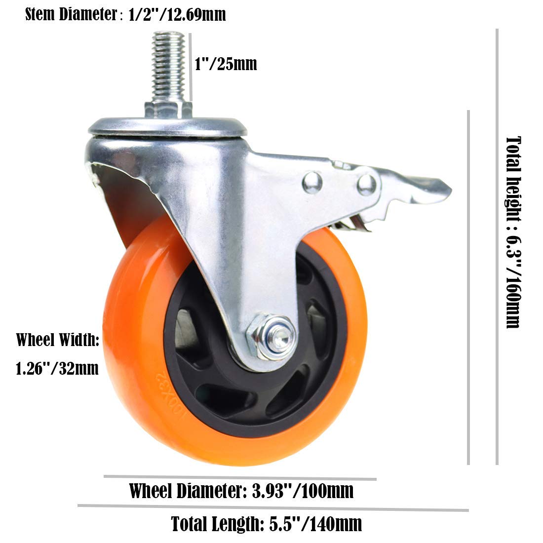 Samuel Stern Ruota Girevole Con Stelo Filettato Da 1/2 - Diametro Ruota 4, Portata 300 Lb, Acciaio Zincato Canestro Basket Regolamentare