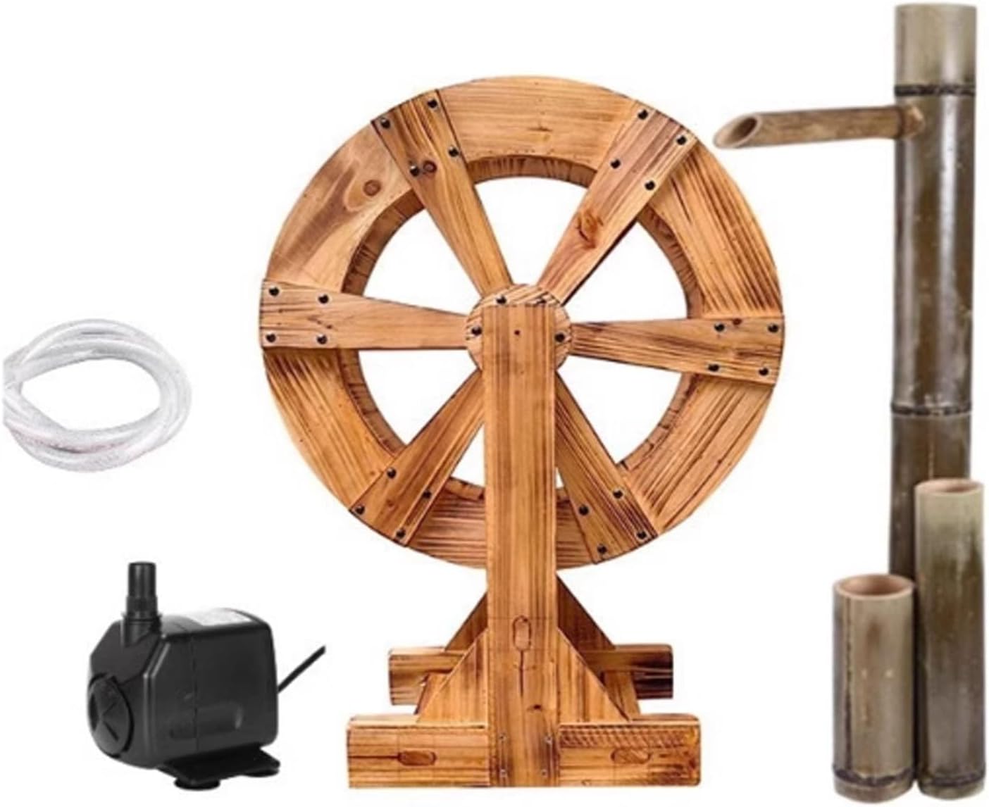 Wooden Self-Rotating Water Wheel, Pool Fountain, with Stand, Small Outdoor Water Fountain, Garden Decoration Water Feature for Garden, Backyard(60cm(23.6in))