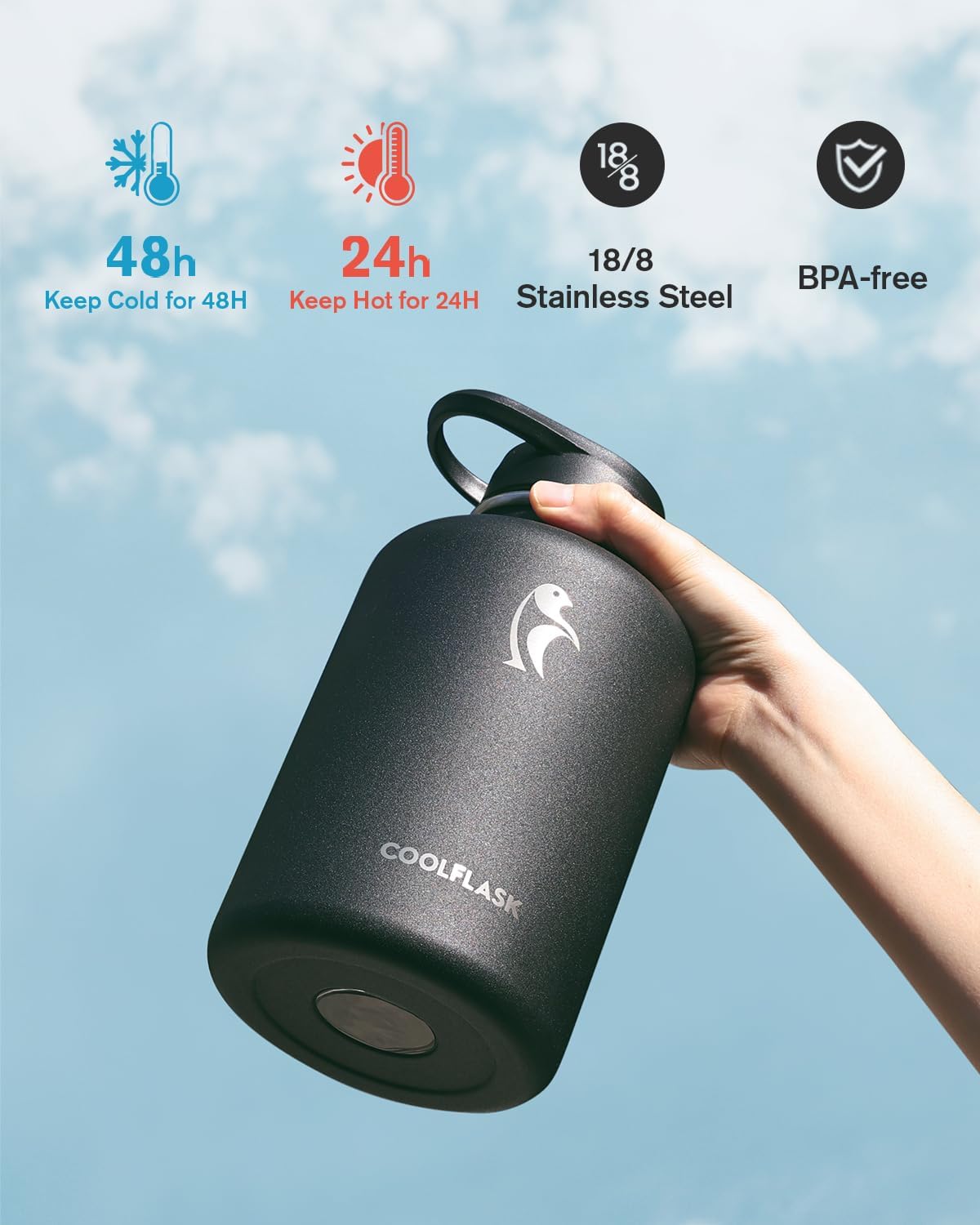 Coolflask 64 oz Insulated Water Bottle with Strap & Sleeve, Half Gallon Water Jug 3 Lids Stainless Steel Multifunctional Flask BPA-Free, Keep 48H Cold 24H Hot, Compact Yoga/Gym Bottle, Black