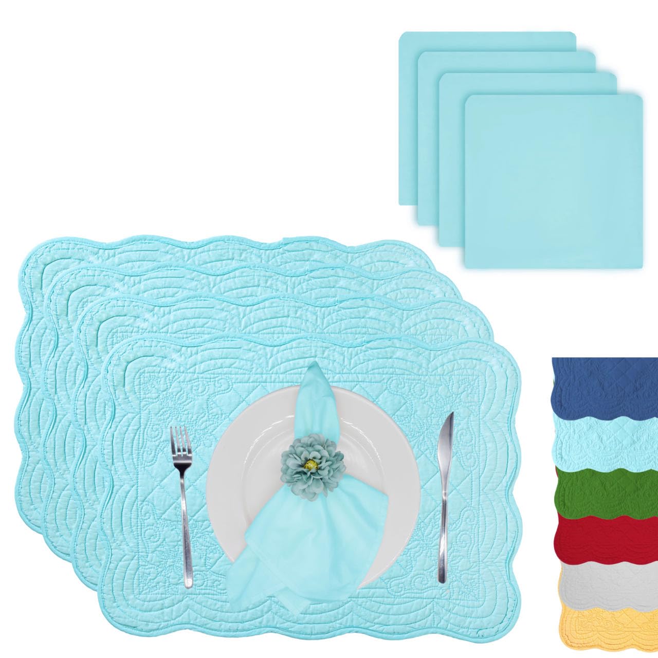 ART PineCone 8-Piece Quilted Cotton Placemats & Napkins, Aqua Blue โ image 1
