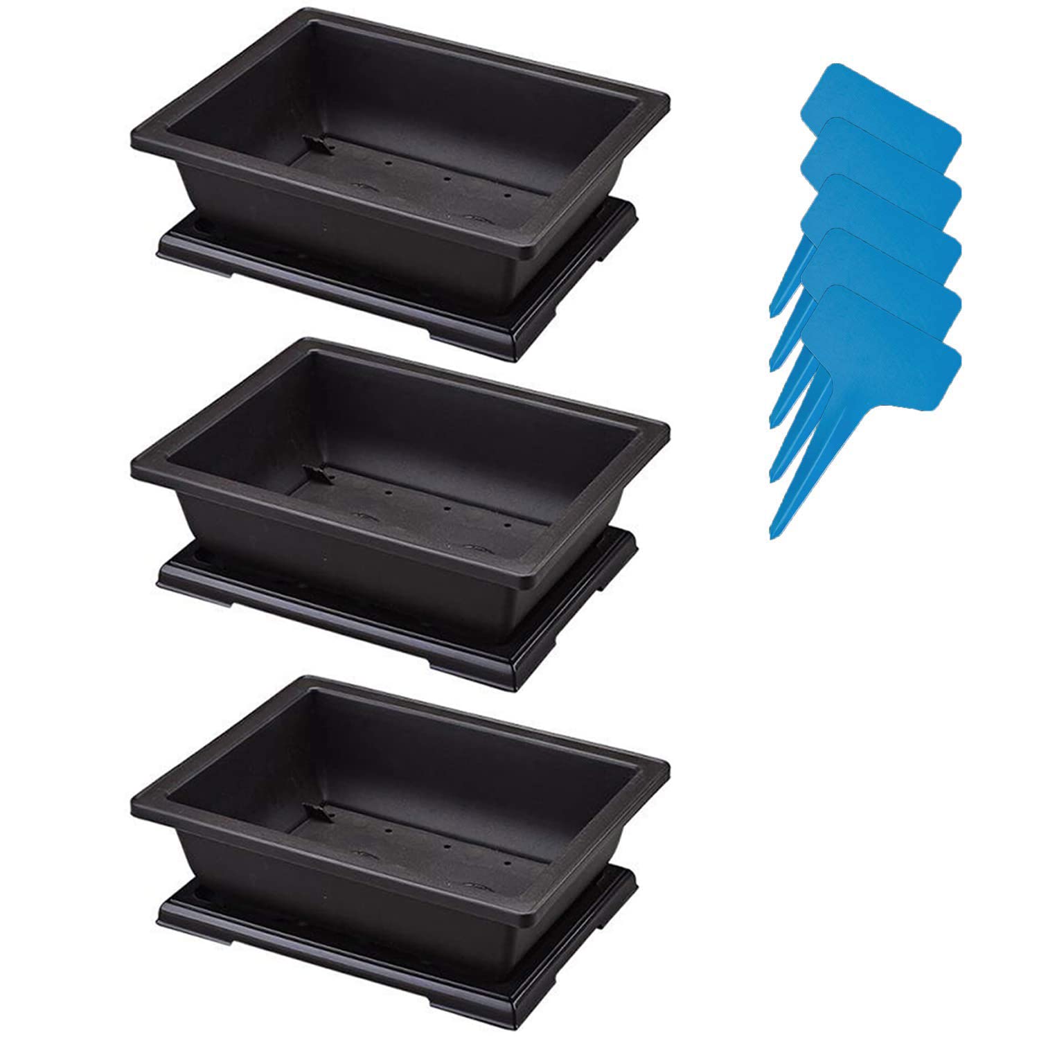 XIAONAN 3PCS 11 Inches Bonsai Training Pots, Large Plastic Bonsai Plants Growing Pot with Humidity Trays + 5Pcs Plant Labels for Garden, Yard, Office, Living Room, Balcony etc.