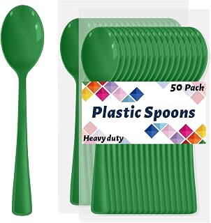 CXPSINC Green Plastic Spoons Disposable, 50 Count - 6.8 Inch Heavy Duty Disposable Cutlery Utensils BPA-Free Solid for Party, Picnic, Catering, Daily Use & More (Green)