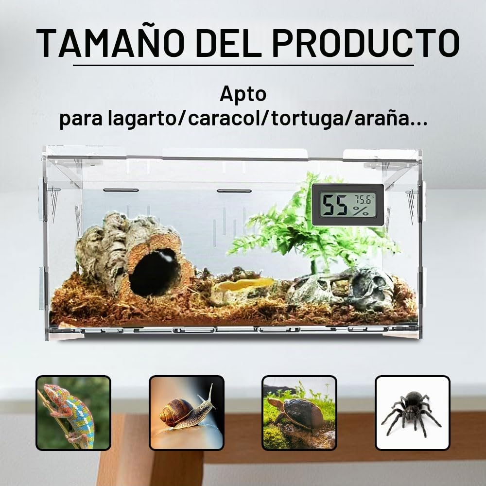 Oiakz Terrario para Reptiles Grande con Higrómetro de Temperatura - Caja de Cría Acrílica para Pequeños Reptiles e Insectos - Tanque de Jaula para Oficina y Casa, 15.7 x