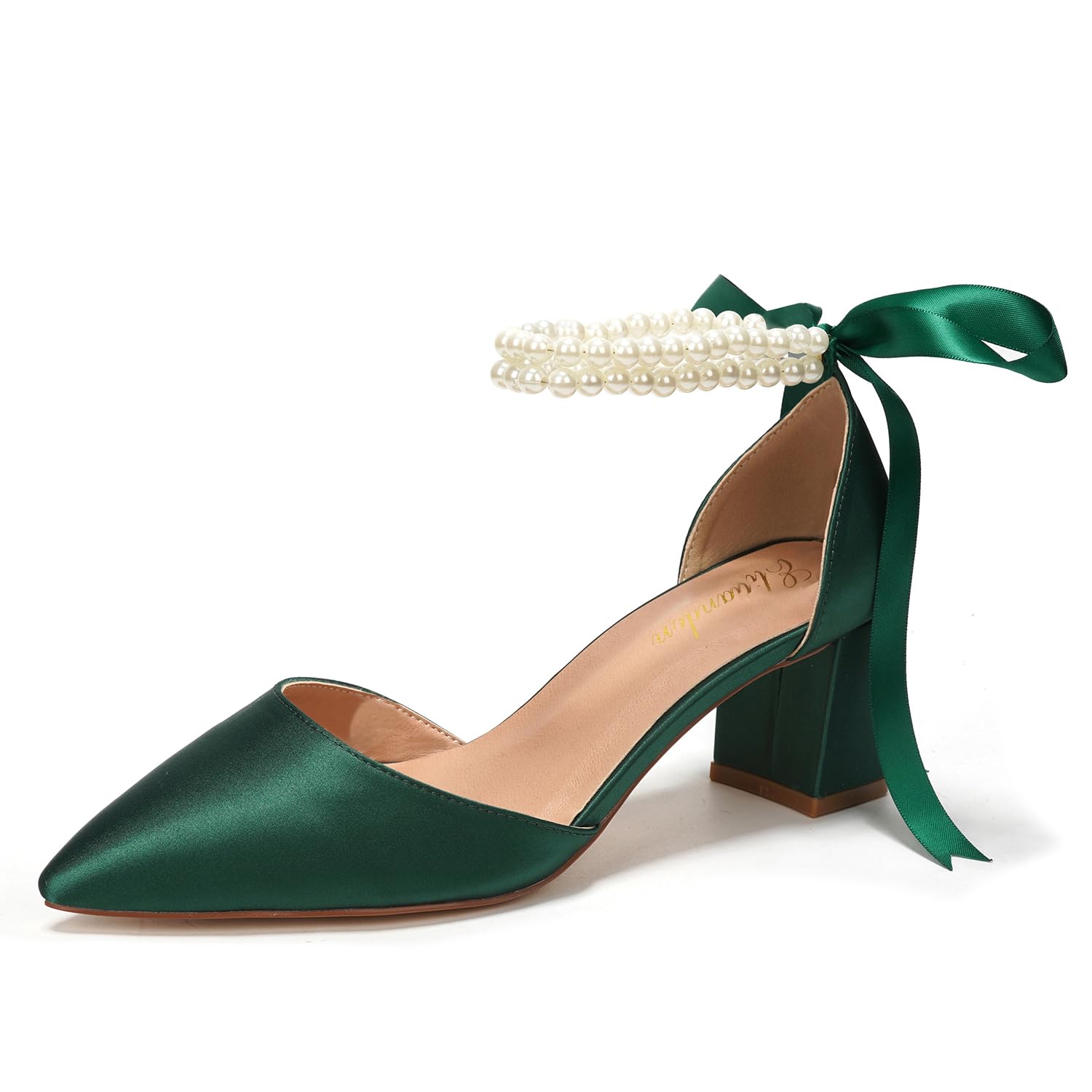 Elivandon J1585 Sandalias de Boda Mujer Satén Tacón Alto Medio 6cm Punta Puntiaguda Doble Tira Perlas Zapatos Nupciales