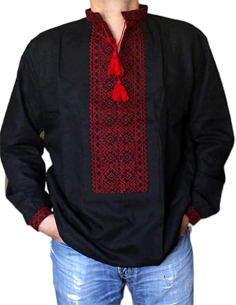 Rushnichok Vyshyvanka Mens - Embroidered Shirt - Black red Shirt - Ukrainian Ornaments - Linen Wedding Shirt