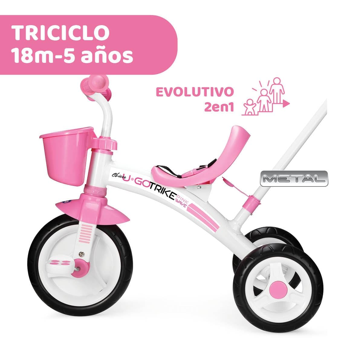 Chicco Triciclo U-GO 2en1 para niños, con Manillar Ajustable, Cinturones de Seguridad y Cesta, hasta 20 kg - Juguetes para niños de 18 Meses a 5 años.