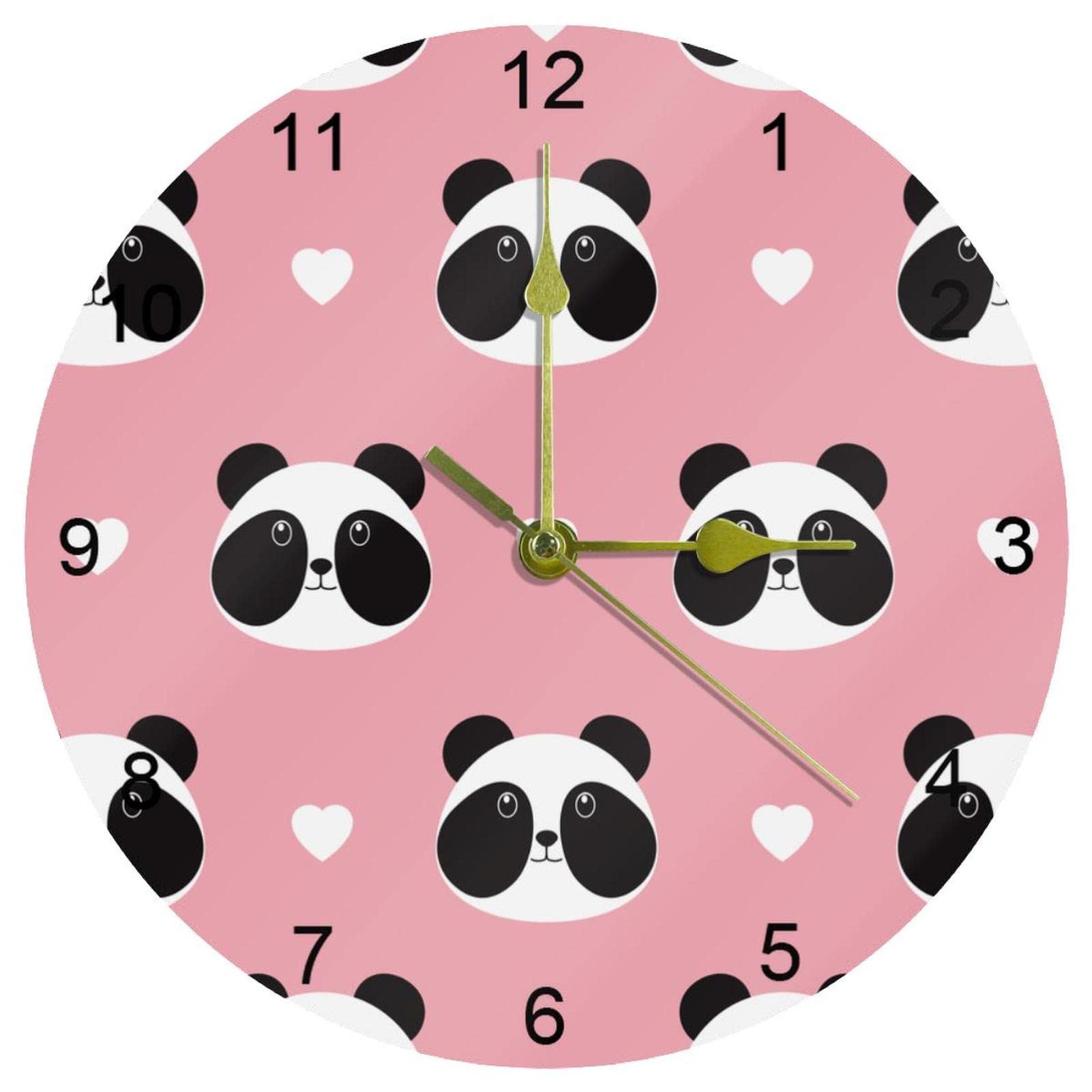 Horloge murale panda rose de 25,4 cm avec grands chiffres arabes ronds