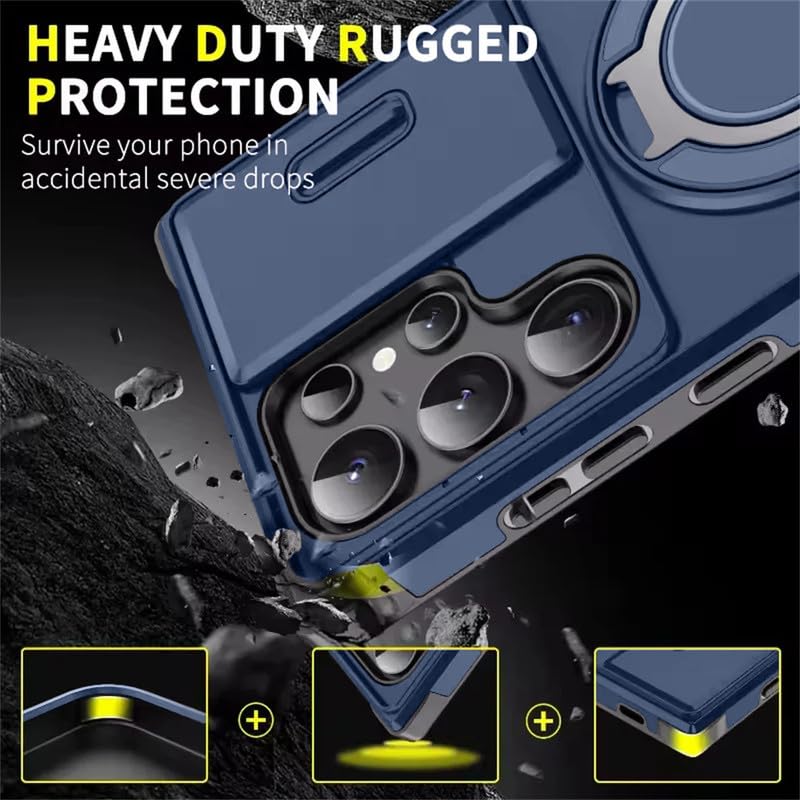Image of LuxuryKase Shockproof Rugged Case for Samsung Galaxy S24 Ultra | Slide Camera Cover | 360 Rotating Ring Kickstand | Military-Grade Protection - Navy Blue