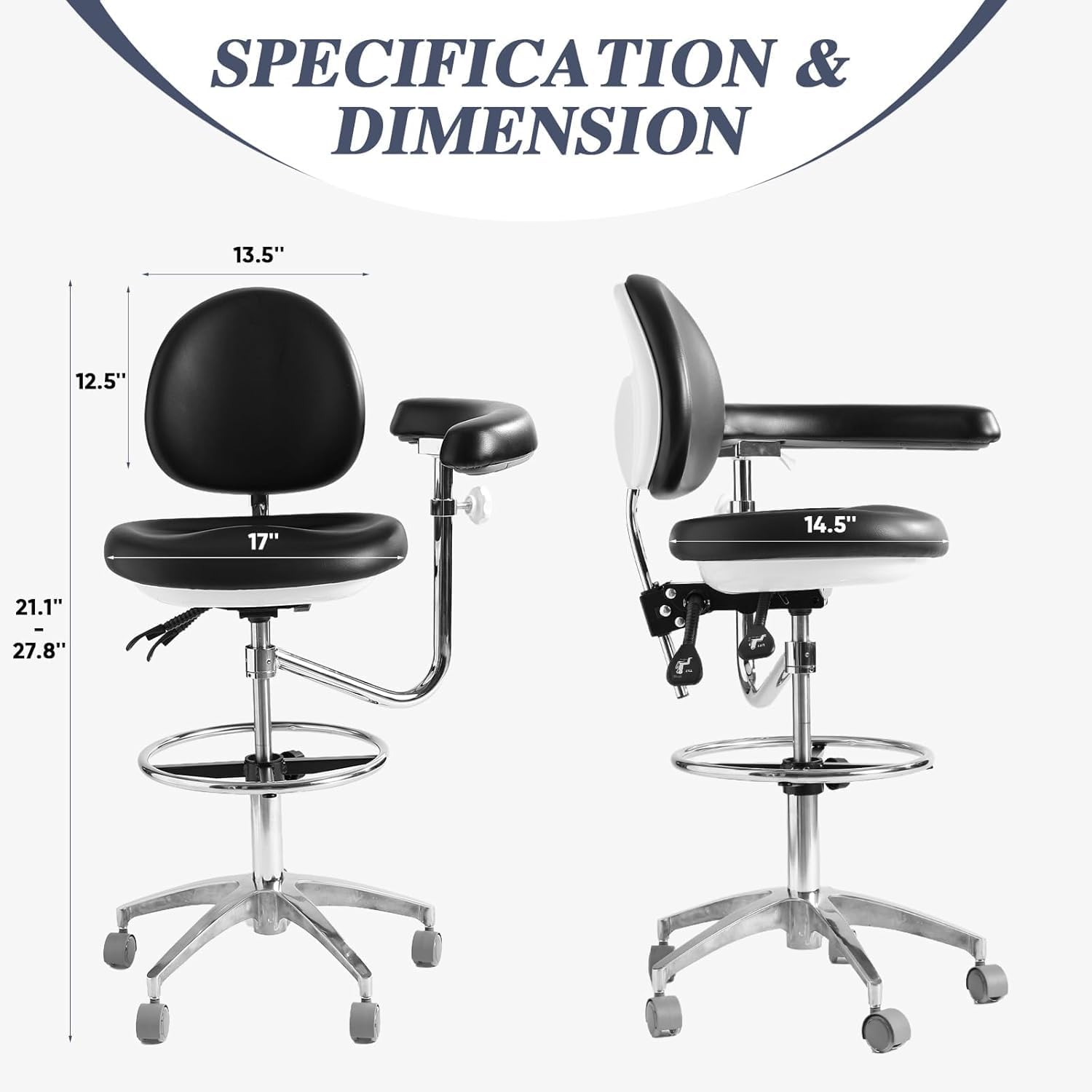 Medical Dental Assistant Chair with Rotatable Armrest Rolling Medical Chair Ergonomic Swivel Seating Back Support Dentist Stool for Clinics, Dental Offices, Labs-Black