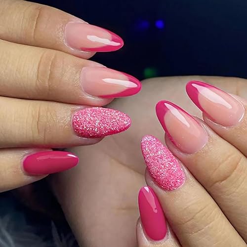 Uñas postizas medianas con punta francesa de almendra SWEKKE color rosa, cobertura completa, uñas postizas con pegamento para uñas, uñas postizas