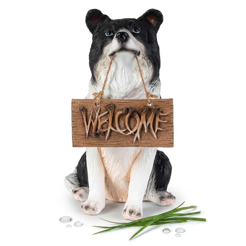 JISADER Border Collie Garden Ornament, Waterproof Resin Outdoor Dog Statue with Rustic Welcome Sign, 15x17.5x24.5cm Animal Figurine for Patio Lawn Yard Decor and Dog Lovers Gifts