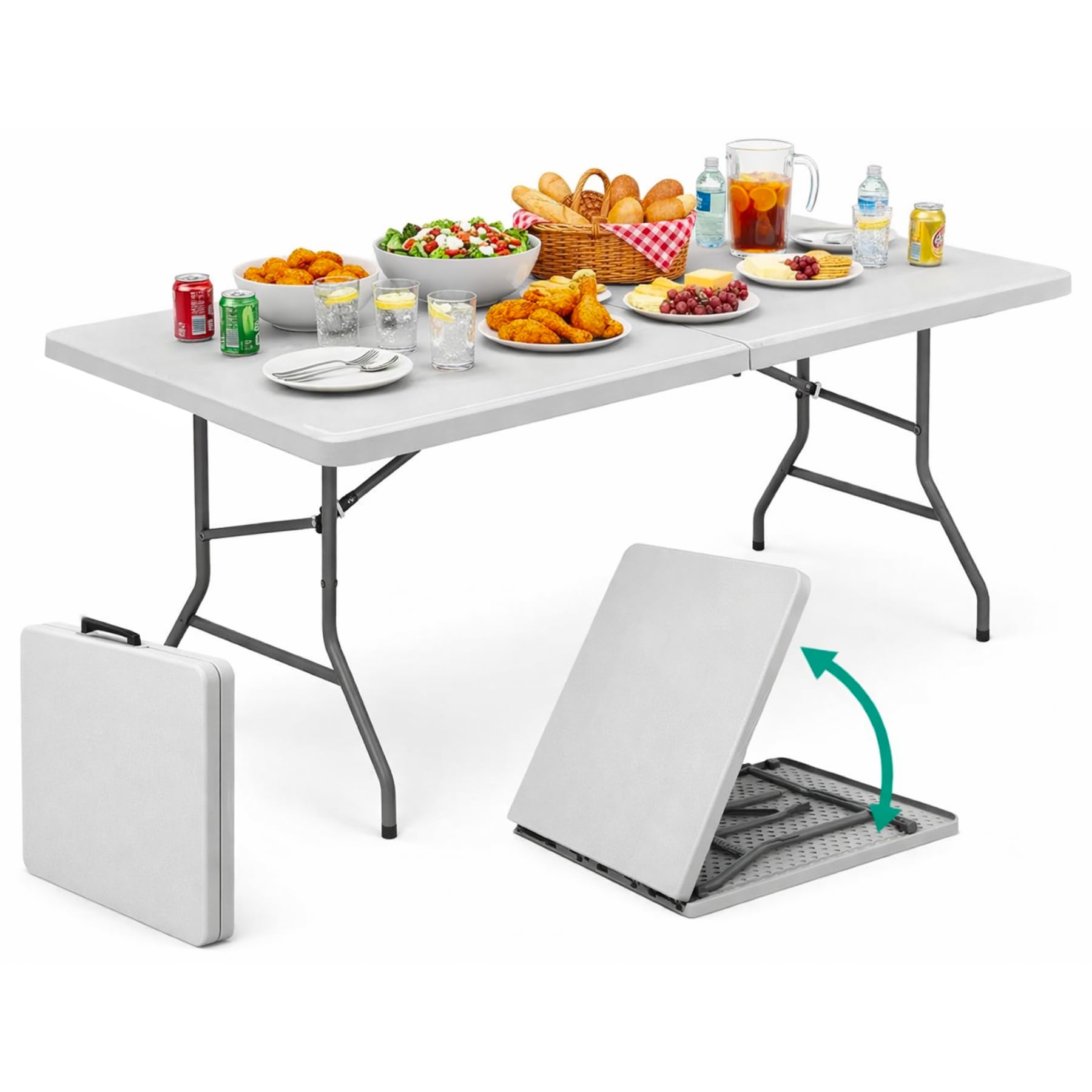 Tavolo Pieghevole Valigetta in Plastica HDPE – 180x70 cm – Tavolo Richiudibile Salvaspazio per Campeggio, Catering, Buffet, Esterni e Interni con Maniglia – Struttura in Acciaio