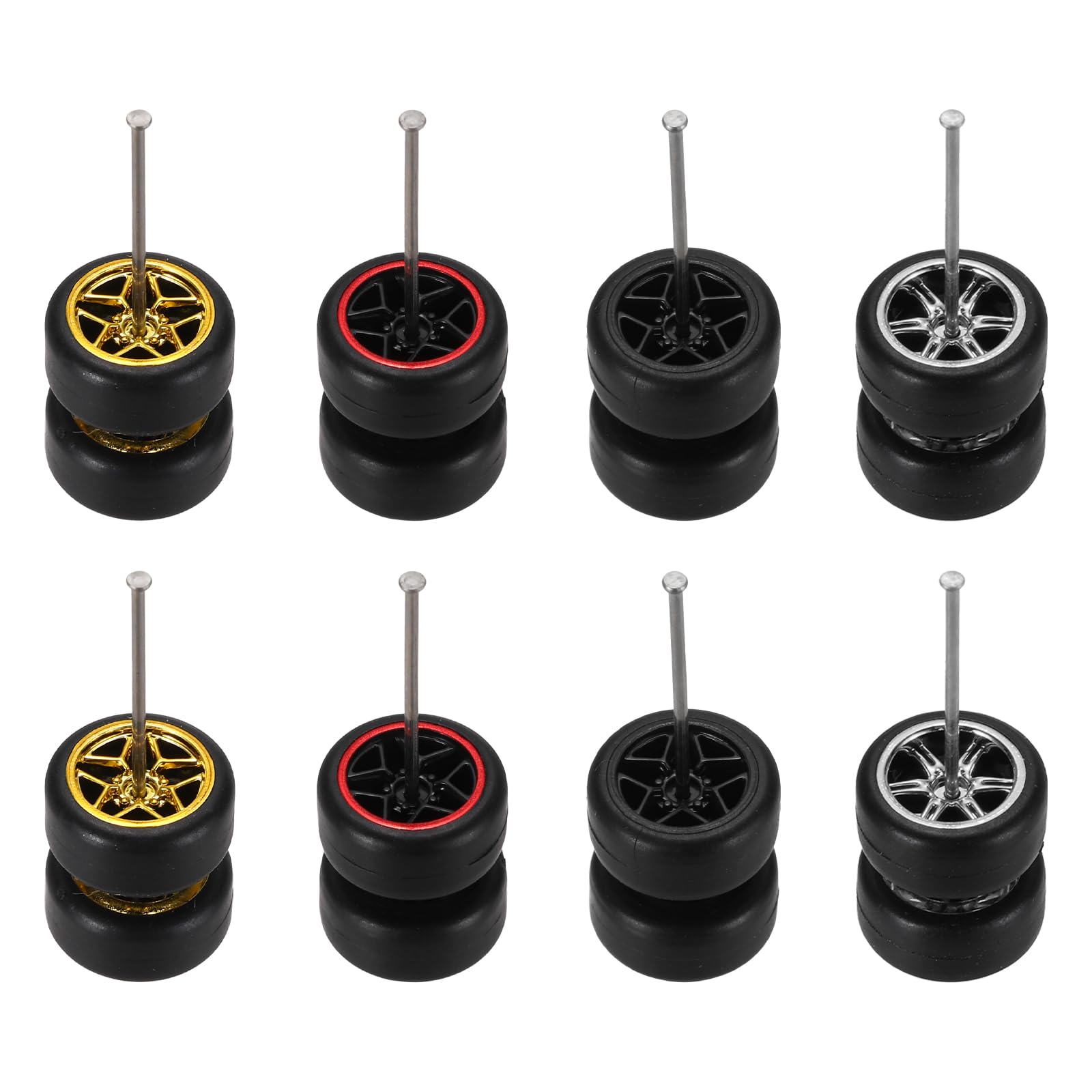 QUARKZMAN 8 Set Ruote E Gomme 1/64 Con Cerchi Real Riders Include Assi Per Modellini RC Auto In Miniatura Fai Da Te Cerchi A 5 Stelle Oro Argento Rigo Rossa Nera