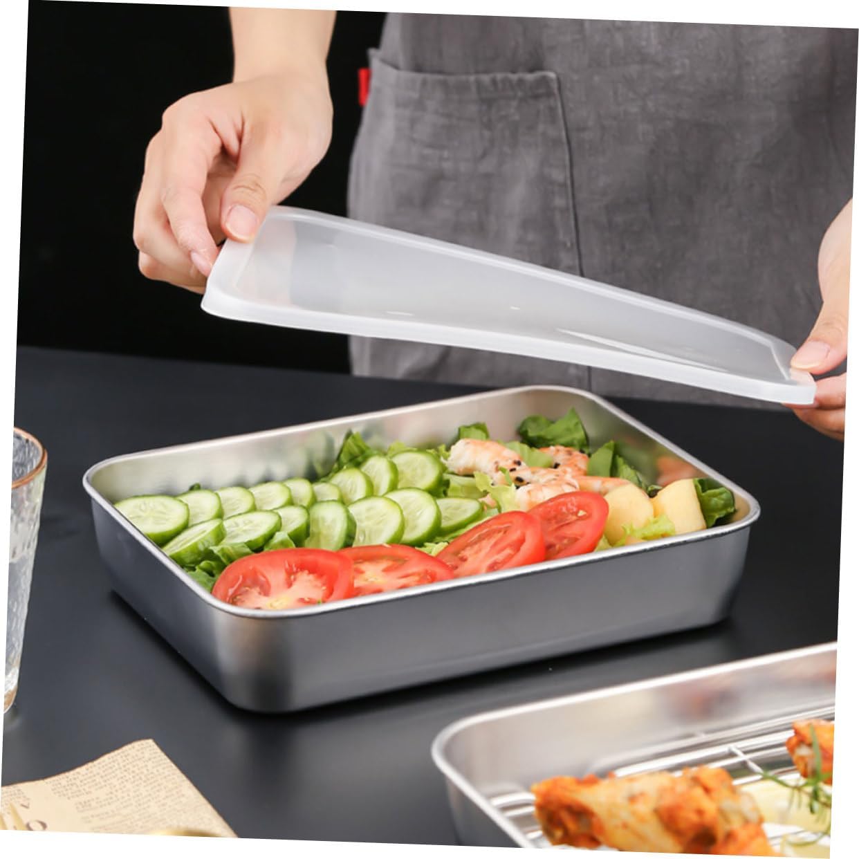 1 Set Multi Function Stainless Steel Food Pan with Mesh Rack Lid Versatile Kitchen Prep Tray for Storage and Cooking Easy to Clean and Protects Freshness