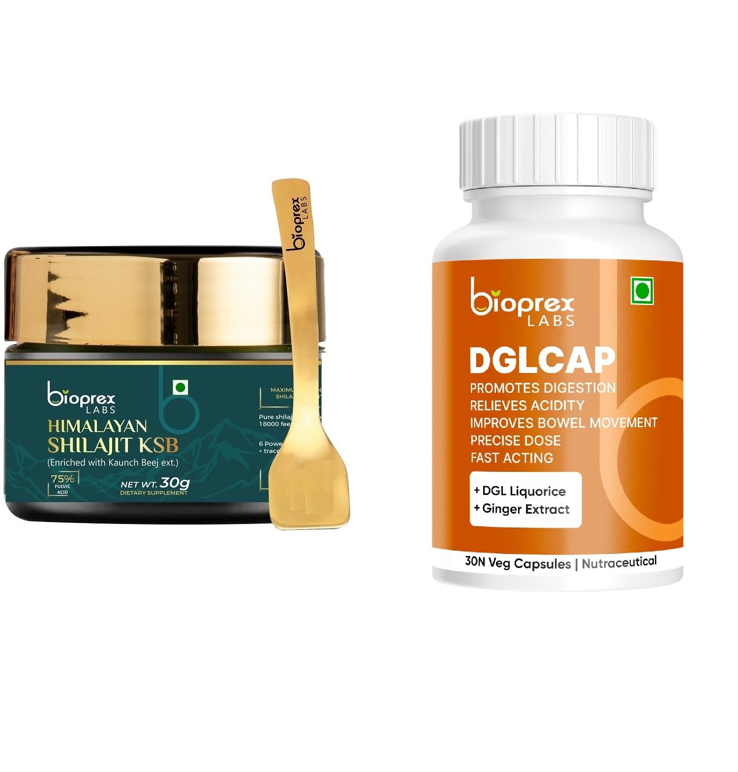 Wellness Combo | Himalayan Shilajit KSB Resin 30g + DGLCAP Digestive Support Capsules 30 Veg | Herbal Nutritional Supplements for Energy & Digestion