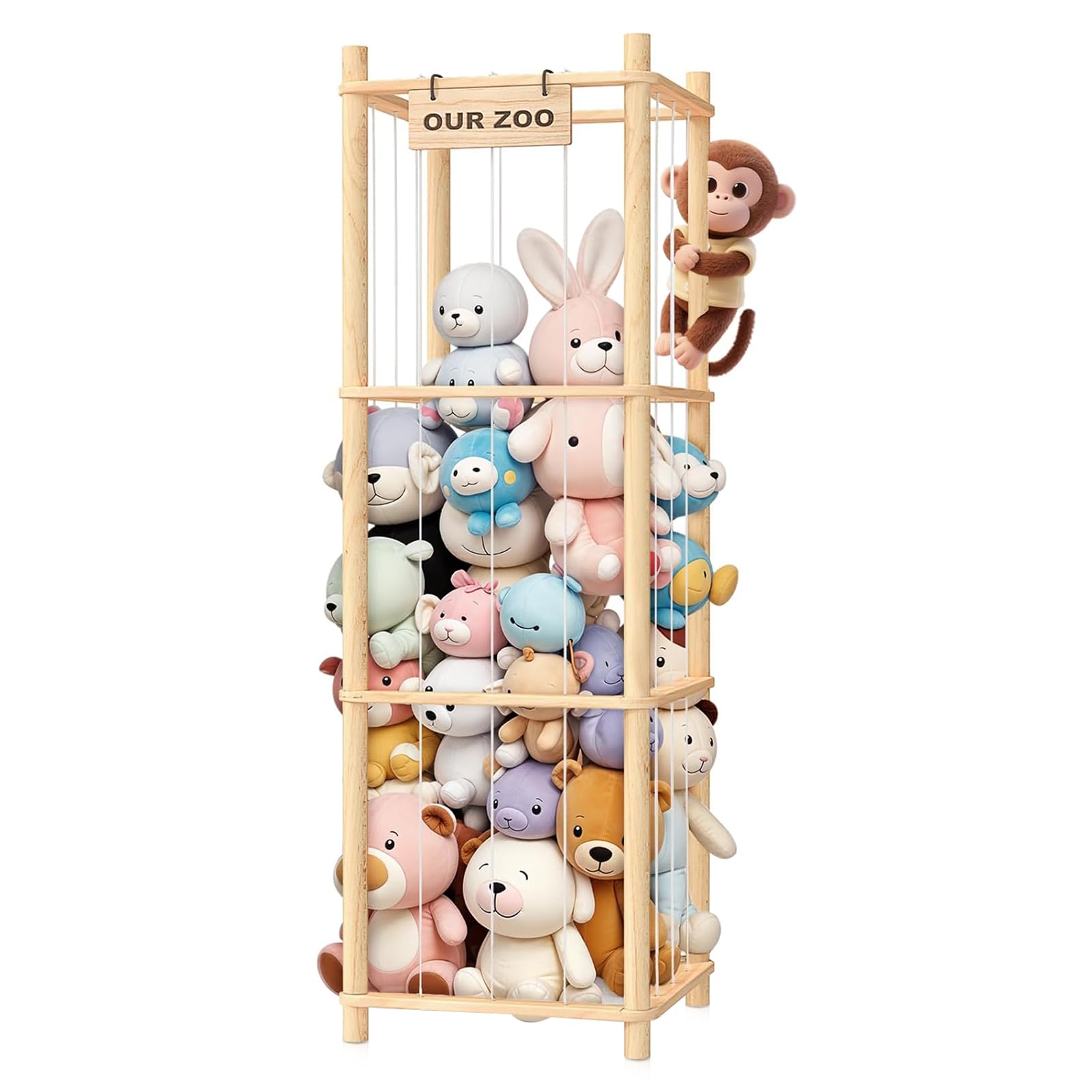 Holz Kuscheltier Aufbewahrung,Stofftier Aufbewahrung,136 * 40 * 40cm plüschtier aufbewahrung für Kinderzimmer, Spielzimmer, Wohnzimmer usw