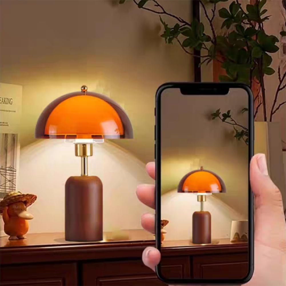 Lampa Stołowa LED w Kształcie Grzyba, Drewniana, z Pilotem, z Regulacją Jasności, z Przełącznikiem i Wtyczką, Lampa Grzybkowa w Stylistyce Retro, z Akrylowym Kloszem, Lampka Dekoracyjna