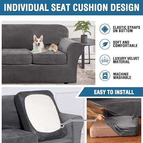Miniatura 3 de Funda de sofá suave de terciopelo de alta elasticidad, 4 piezas lavable para sofá de 3 cojines separados, protector de muebles de tela de felpa